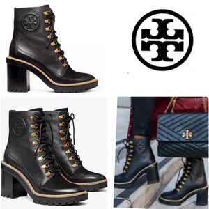 Tory Burch Miller Mixed Leather Lug-Sole Combat Booties